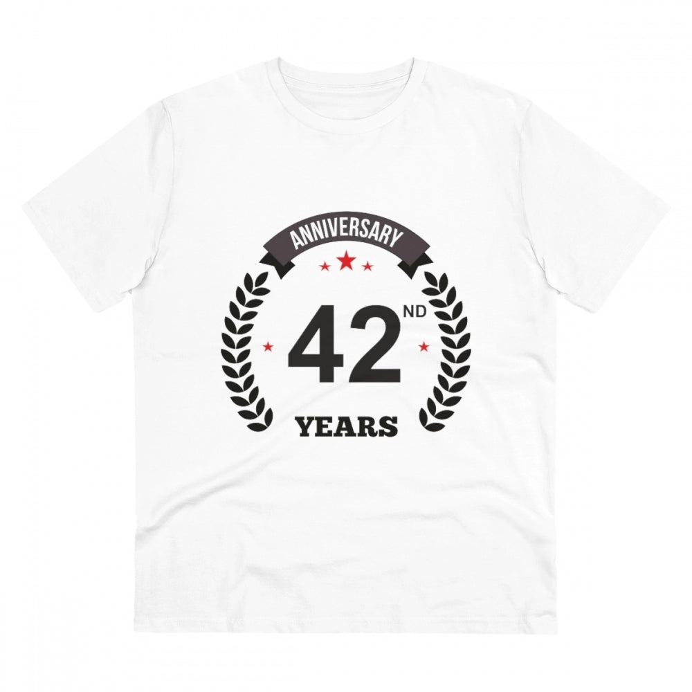 White PC Cotton 42nd Anniversary Printed T-Shirt (Half Sleeve, Round Neck) on model, 180GSM thread count