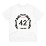 White PC Cotton 42nd Anniversary Printed T-Shirt (Half Sleeve, Round Neck) on model, 180GSM thread count