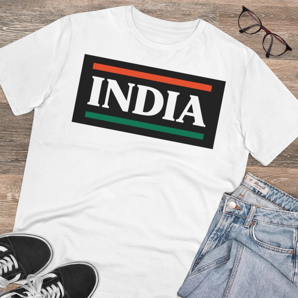 White PC Cotton Men's India Printed Half Sleeve T-Shirt, 180GSM for casual occasions