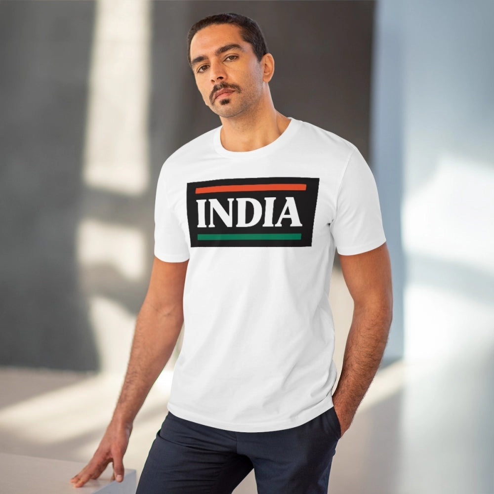 White PC Cotton India-printed men's t-shirt, half sleeve, round neck, 180GSM thread count for casual occasions