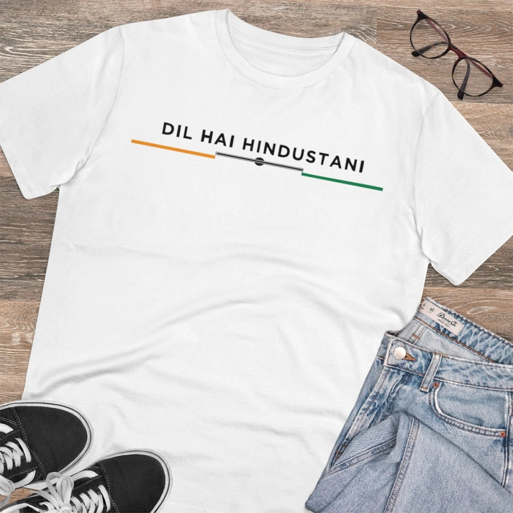 White PC Cotton Dil Se Hindustani Printed Men's T-Shirt, half sleeve with round neck, 180GSM thread count for casual occasions