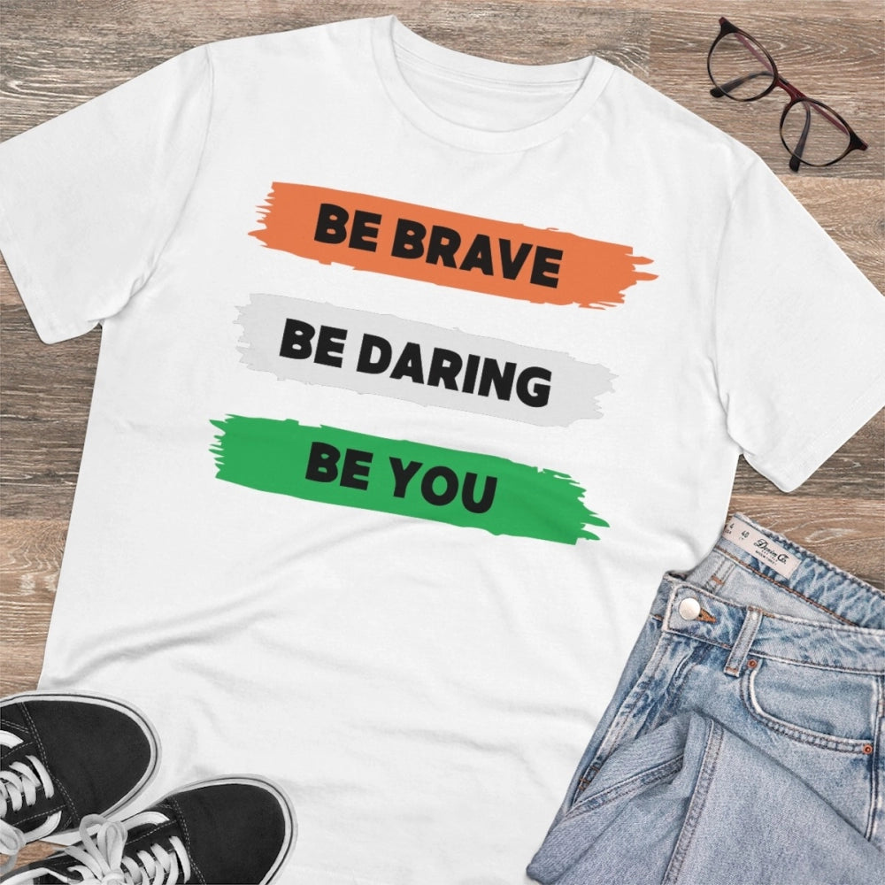White PC Cotton Men's "Be Brave Be You" Printed Half Sleeve T-Shirt (180GSM) on model, casual wear for men