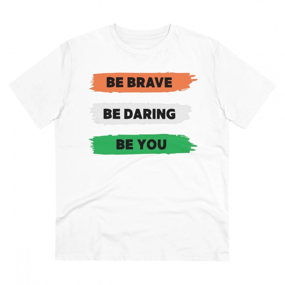 White PC Cotton Men's "Be Brave Be You" Printed Half-Sleeve T-Shirt (180GSM), casual wear on mannequin