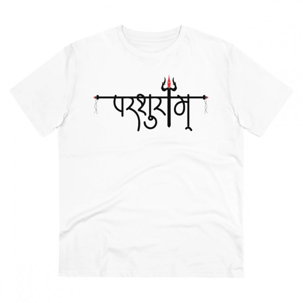 White PC Cotton Parsuram printed men's half sleeve t-shirt for casual occasions, round neck design, 180GSM thread count