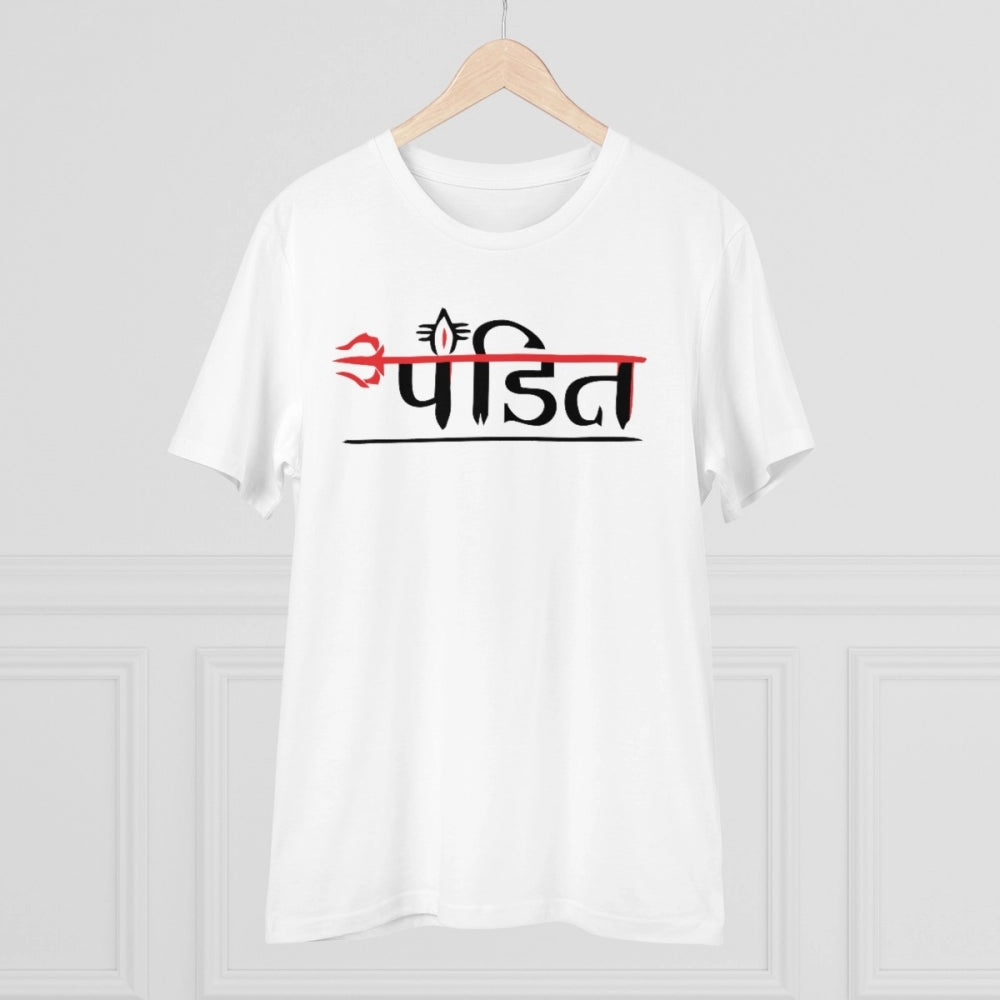 White PC Cotton Pandit Printed Men's T-Shirt, half sleeve round neck with 180GSM thread count for casual occasions