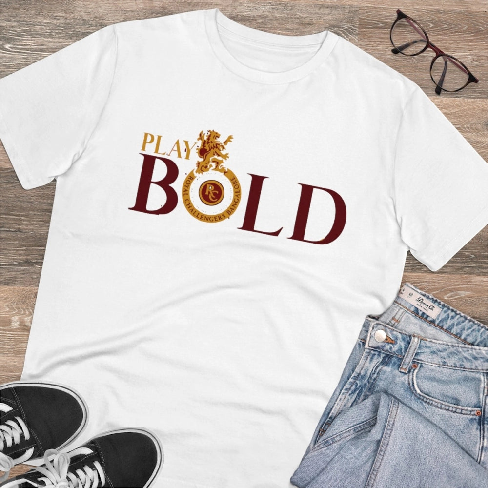 White PC cotton cricket design printed men's t-shirt with half sleeves, round neck, 180GSM thread count for casual occasions