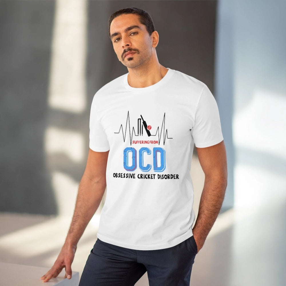 White PC cotton cricket design men's t-shirt, half sleeve, 180GSM thread count