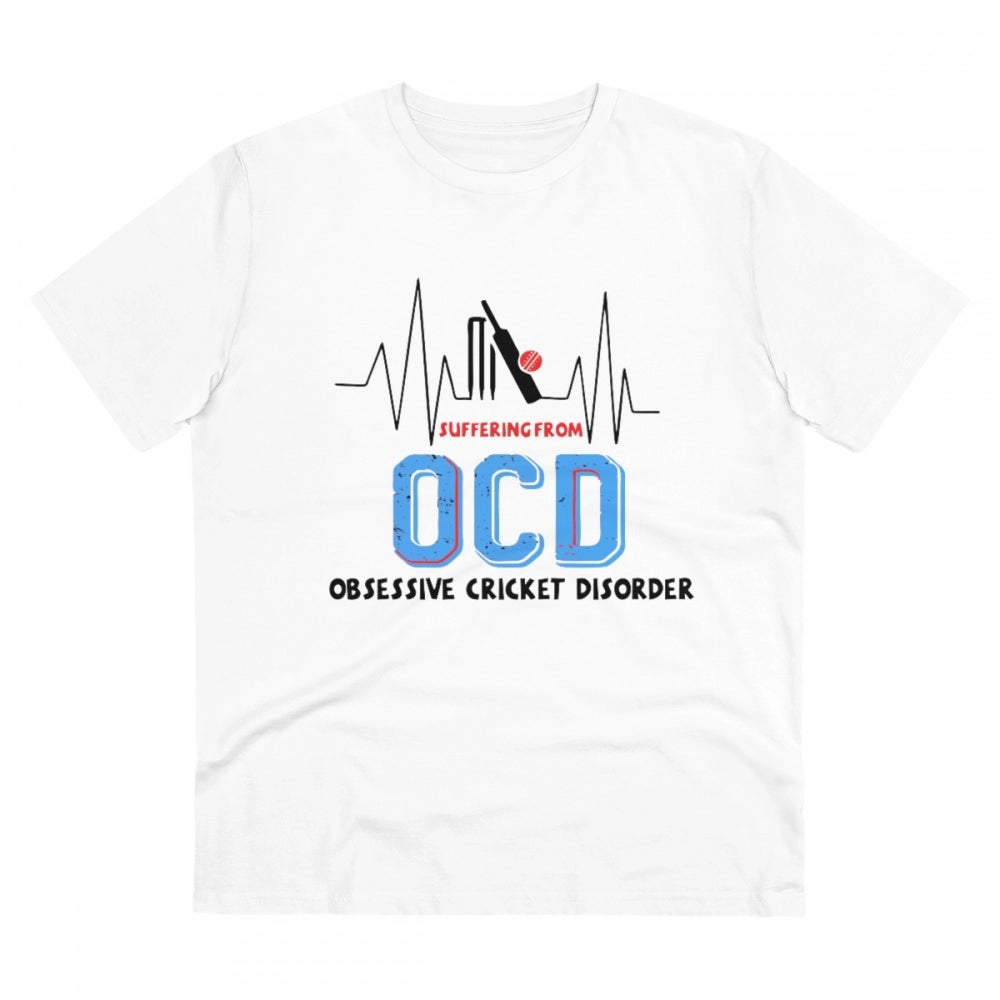 White PC cotton cricket design printed men's T-shirt, half sleeve with round neck, 180GSM thread count for casual occasions