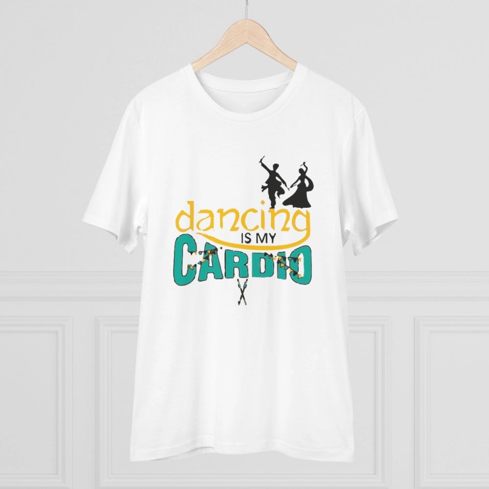 White PC cotton "Dancing Is My Cardio" men's t-shirt with half sleeves, round neck, 180GSM thread count for casual occasions