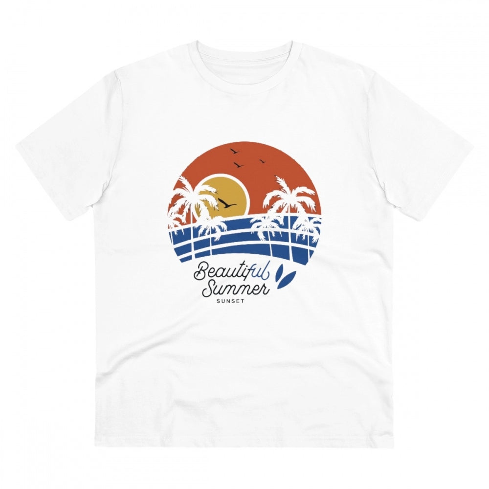 White PC Cotton Men's Beautiful Summer Printed Half Sleeve T-Shirt, 180GSM thread count - casual wear on model