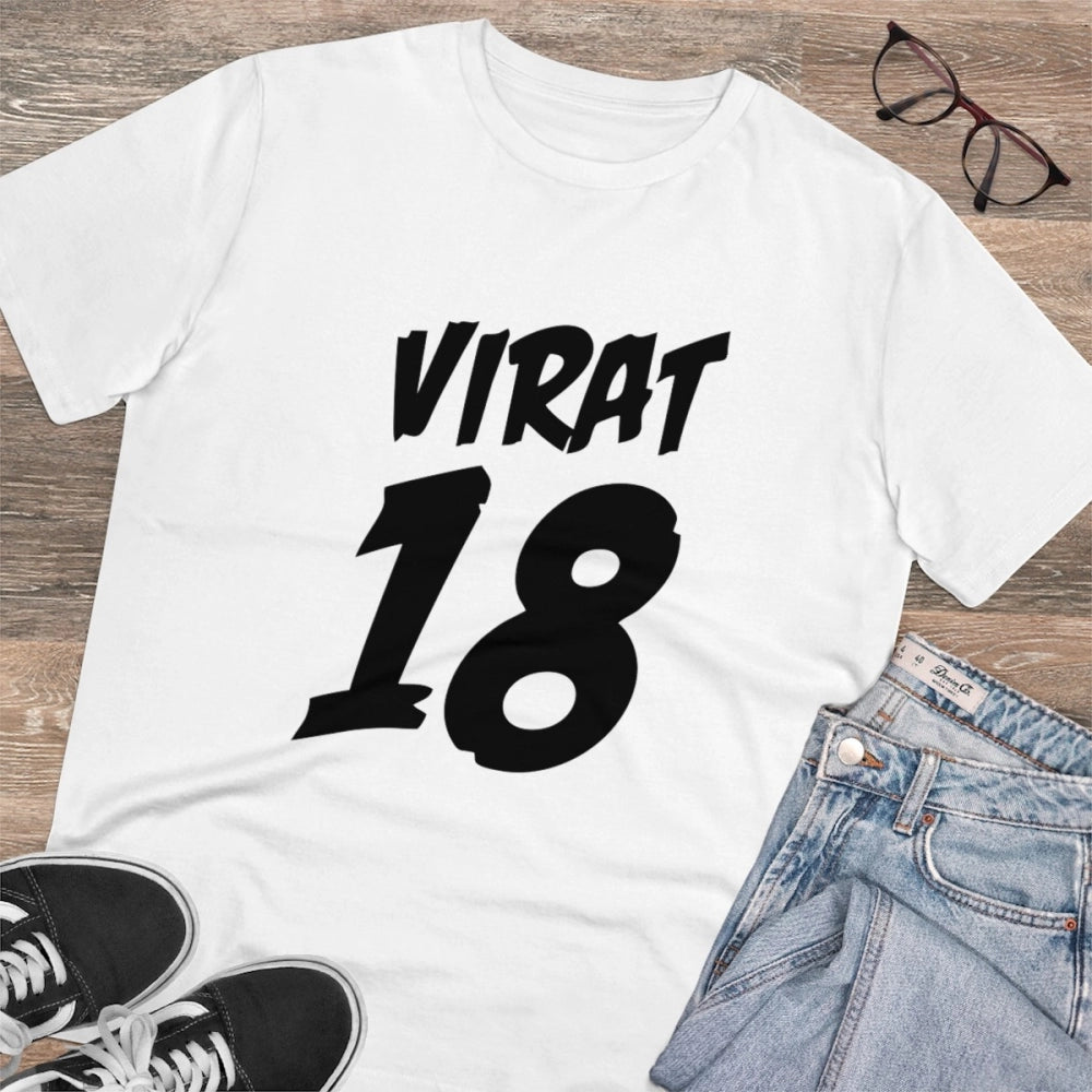 White PC Cotton men's cricket design printed half-sleeve t-shirt (180GSM), casual wear on flat surface