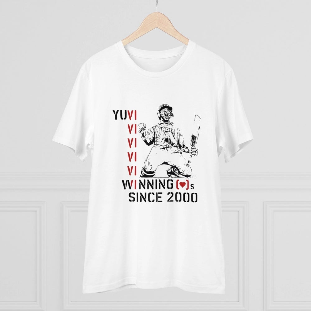 White PC cotton cricket design men's T-shirt with half sleeves, round neck, 180GSM thread count