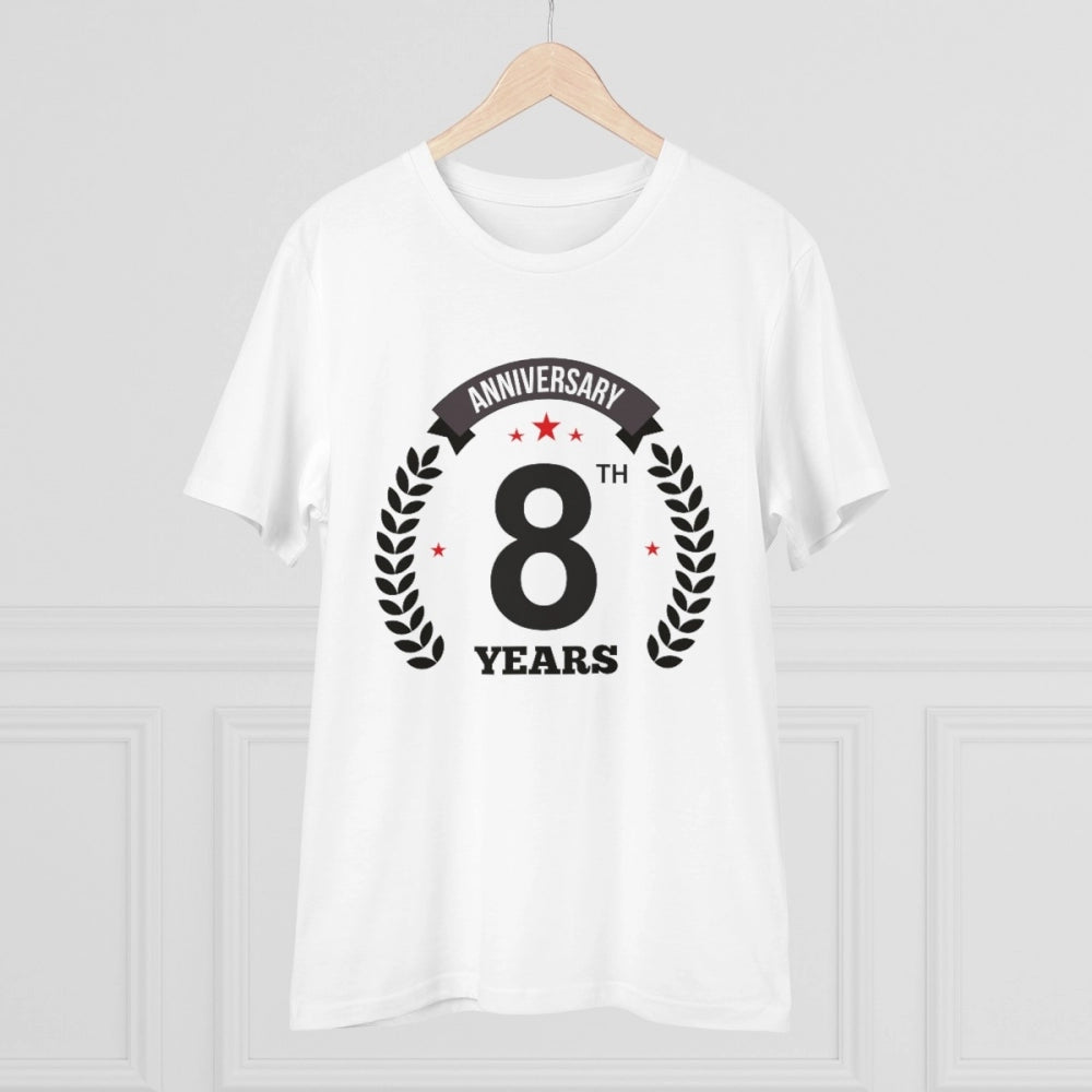 White PC Cotton 8th Anniversary Printed Men's T-Shirt, half sleeve with round neck on display