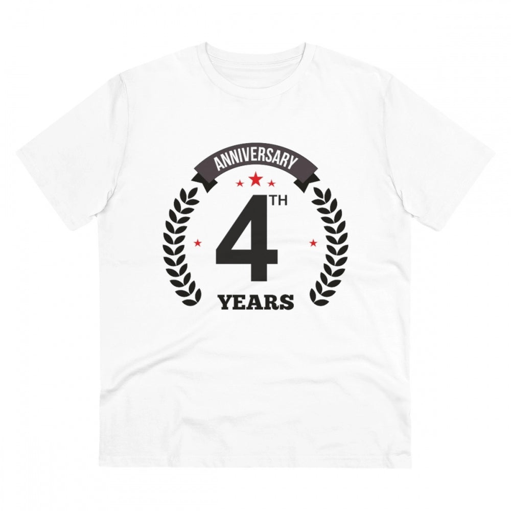 White PC Cotton Men's 4th Anniversary Printed T-Shirt (180GSM) - casual wear with half sleeves and round neck design