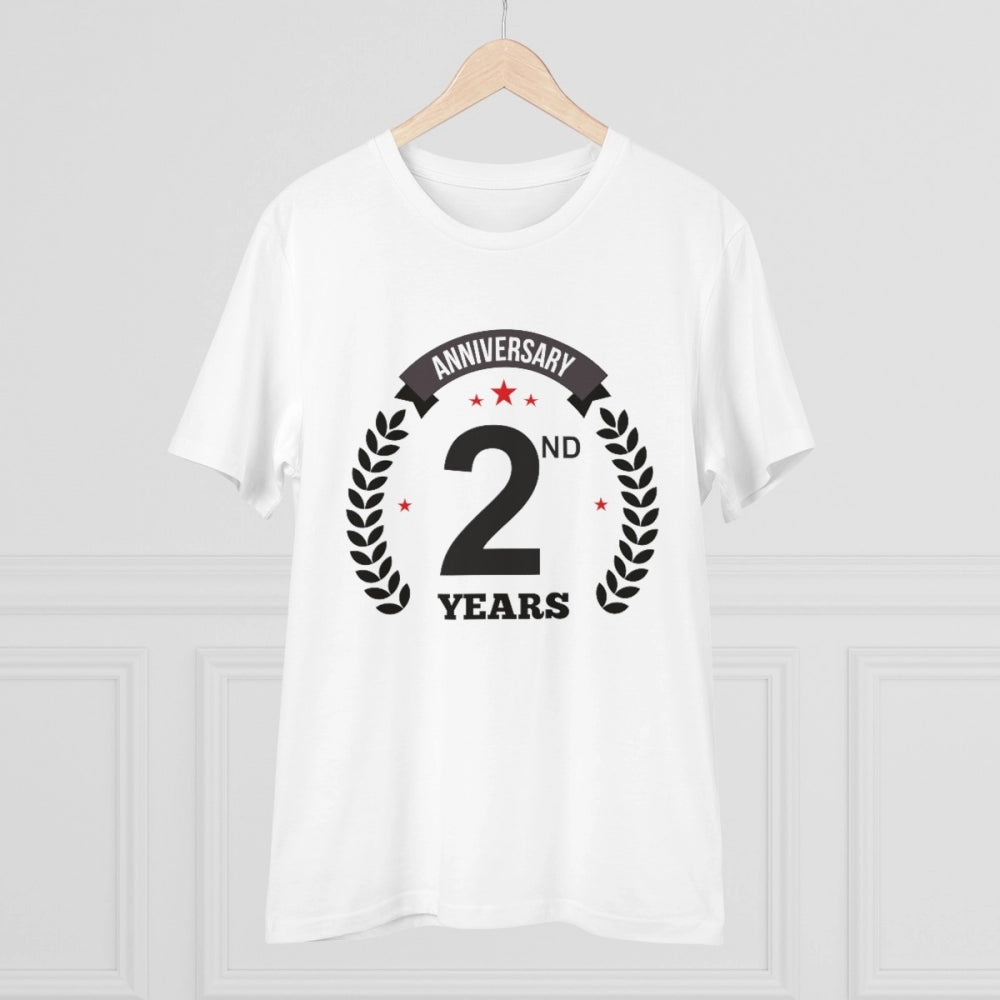 White PC Cotton 2nd Anniversary Printed Men's T-Shirt, high-quality half sleeve round neck design for casual occasions