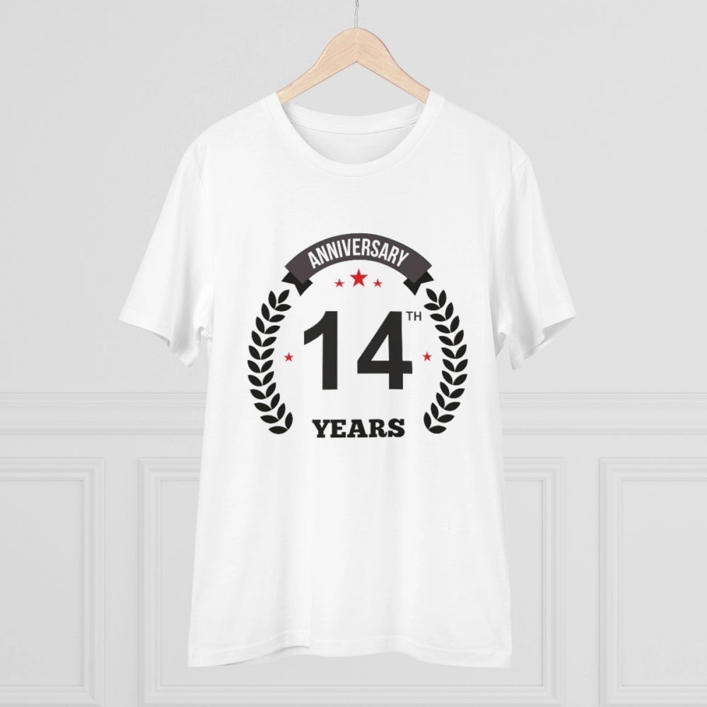 White PC Cotton 14th Anniversary Printed Men's T-Shirt with half sleeves and round neck, 180GSM thread count