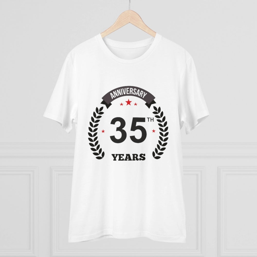 White PC Cotton 35th Anniversary Printed T-Shirt (Half Sleeve, Round Neck), men's casual wear on hangar
