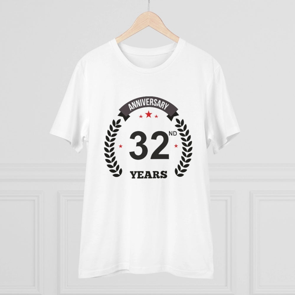 White PC cotton 32nd anniversary printed men's T-shirt with half sleeves and round neck, 180GSM thread count