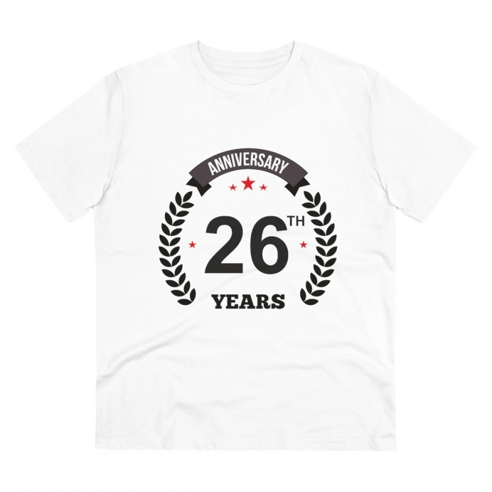 White PC Cotton 26th Anniversary printed men's t-shirt (Half sleeve, Round neck) on casual occasion