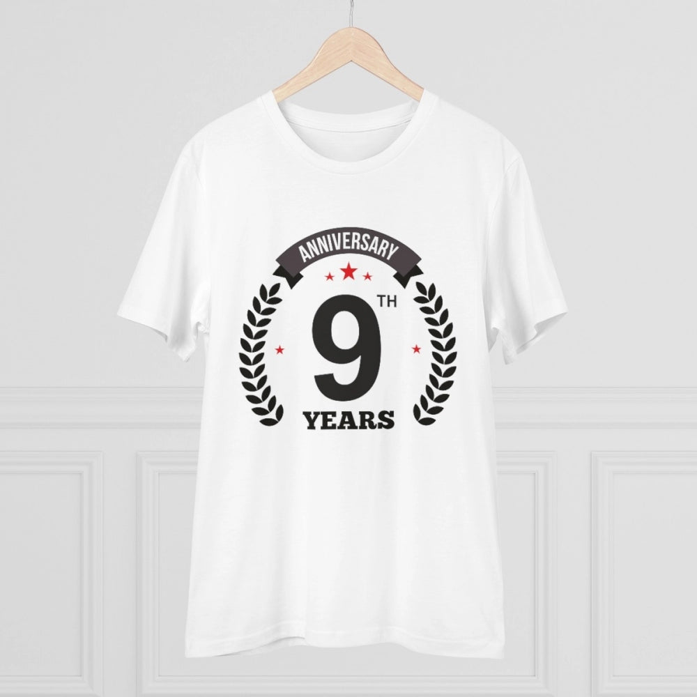 White PC Cotton 9th Anniversary Printed Men's T-Shirt with half sleeves and round neck, casual occasion