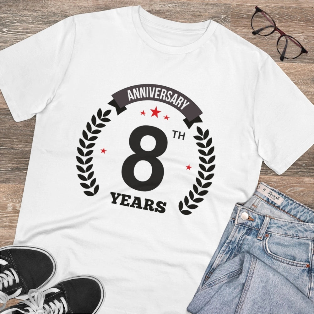 White PC Cotton 8th Anniversary Printed T-Shirt on man, half sleeve round neck, 180GSM thread count