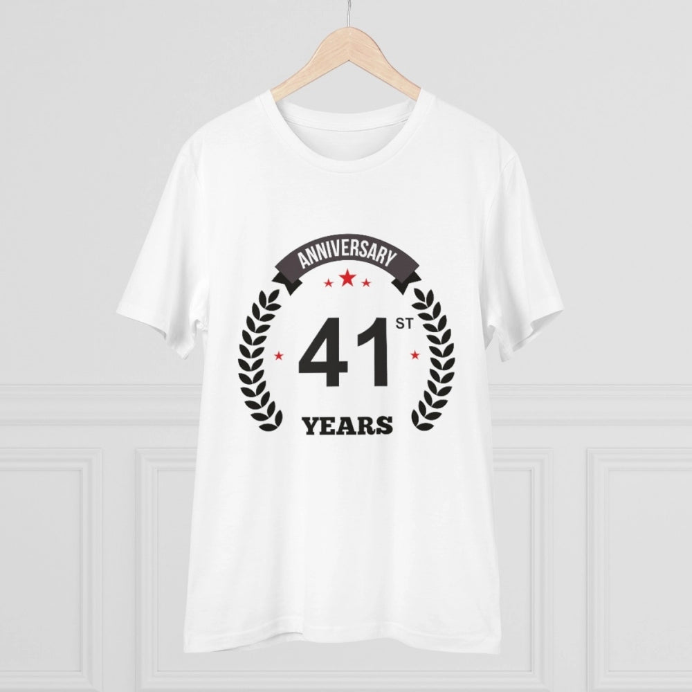 White PC Cotton 41st Anniversary Printed Men's T-Shirt (Half Sleeve, Round Neck) - 180GSM Thread Count