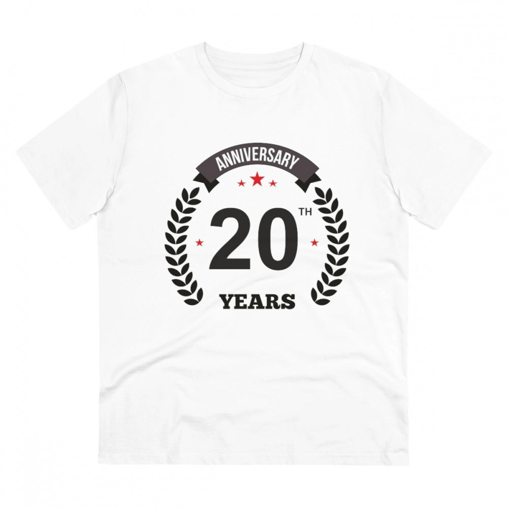 White PC Cotton 20th Anniversary Printed Men's T-Shirt, half sleeve, round neck, 180GSM thread count