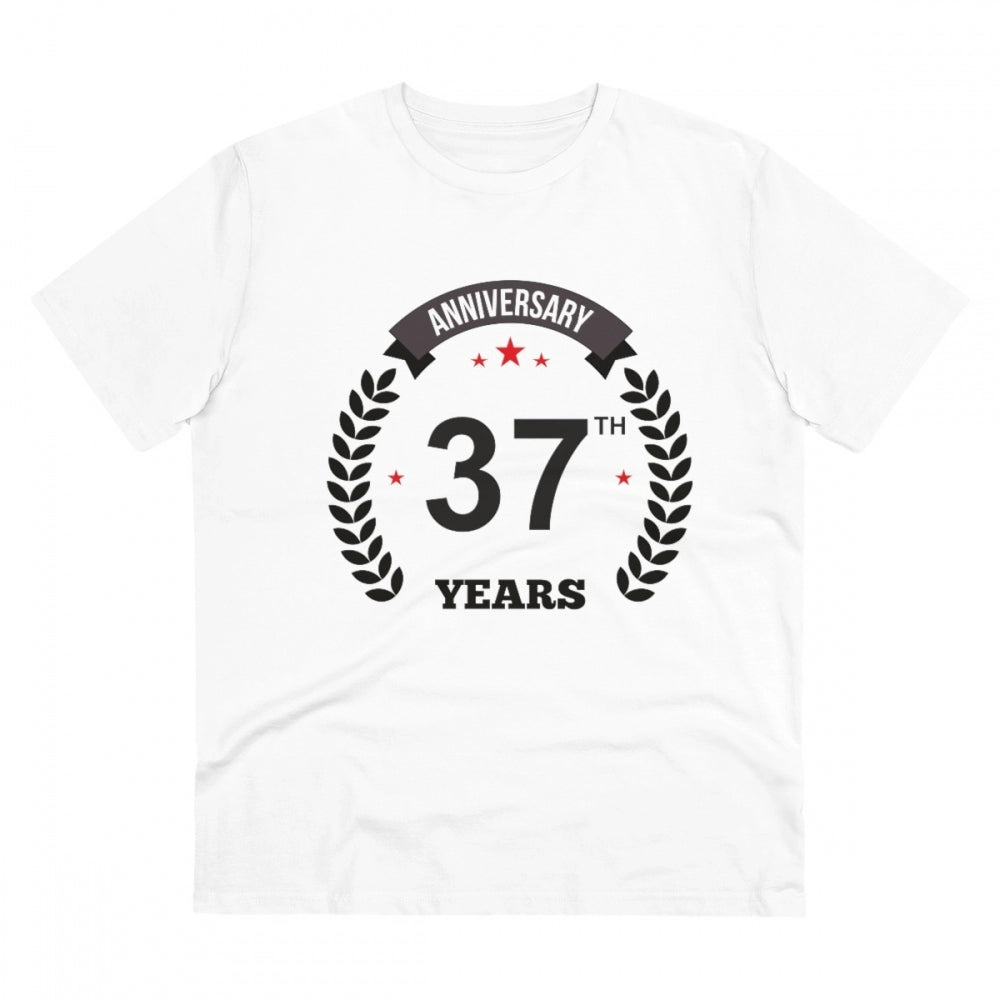 White PC Cotton Men's 37th Anniversary Printed Half Sleeve T-Shirt (180GSM) for casual occasions