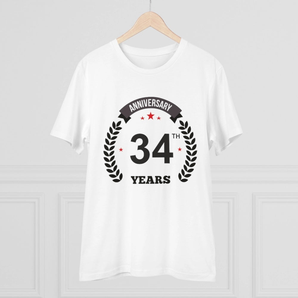 White PC Cotton 34th Anniversary Printed T-Shirt (Half Sleeve, Round Neck) on man, casual occasion
