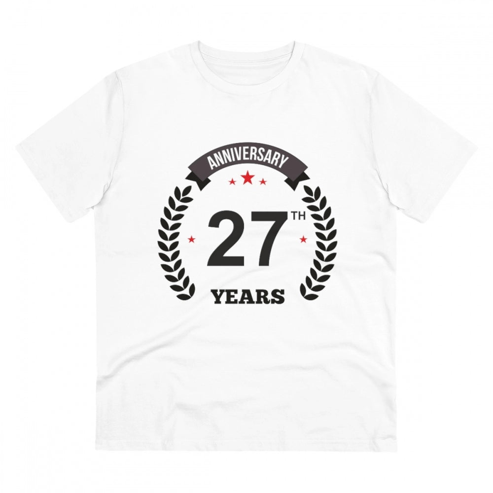 White PC Cotton Men's 27th Anniversary Printed Half-Sleeve T-Shirt (180GSM) on display for casual occasions