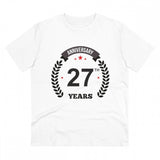 White PC Cotton Men's 27th Anniversary Printed Half-Sleeve T-Shirt (180GSM) on display for casual occasions