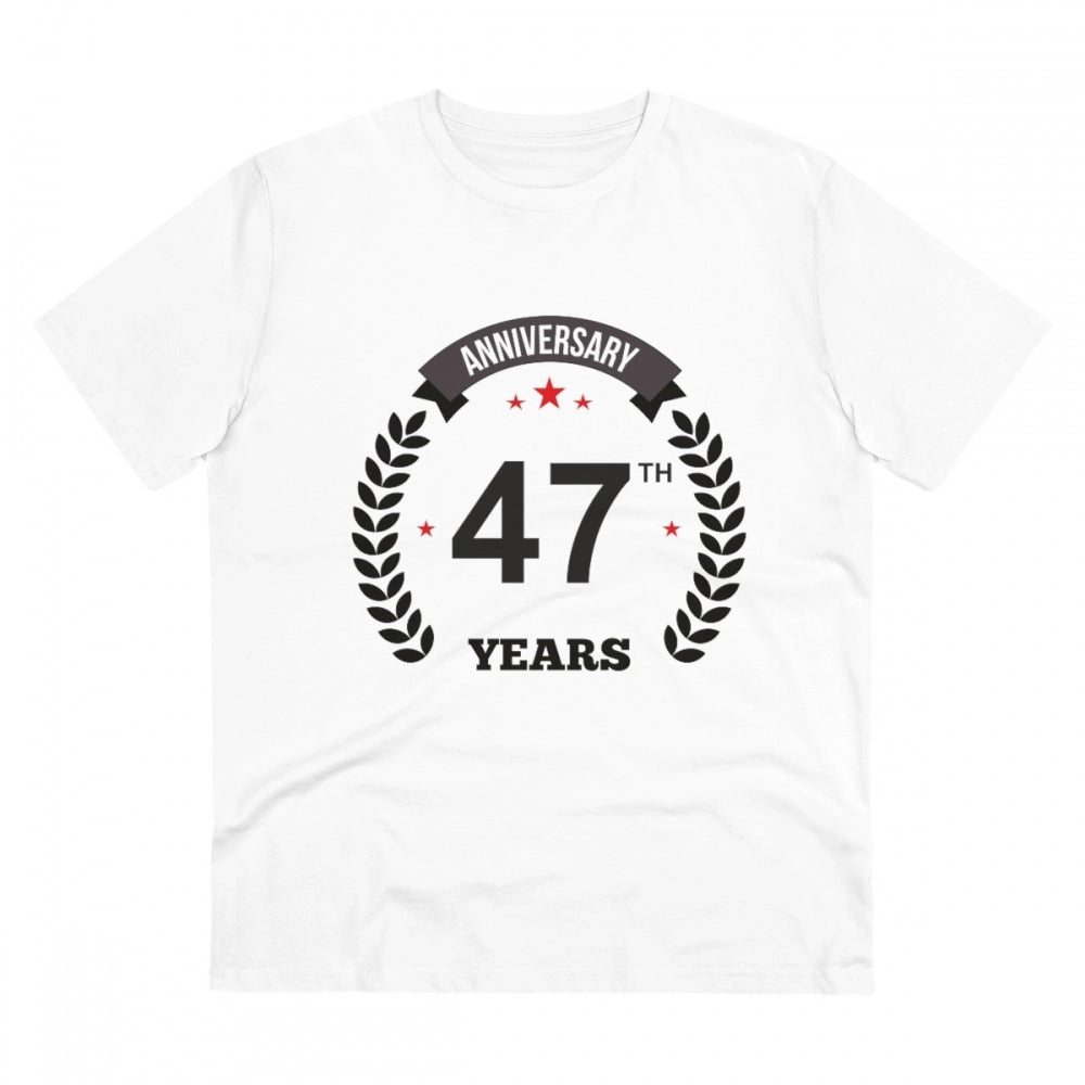 White PC Cotton 47th Anniversary Printed T-Shirt (Half Sleeve, Round Neck), men's casual wear on mannequin