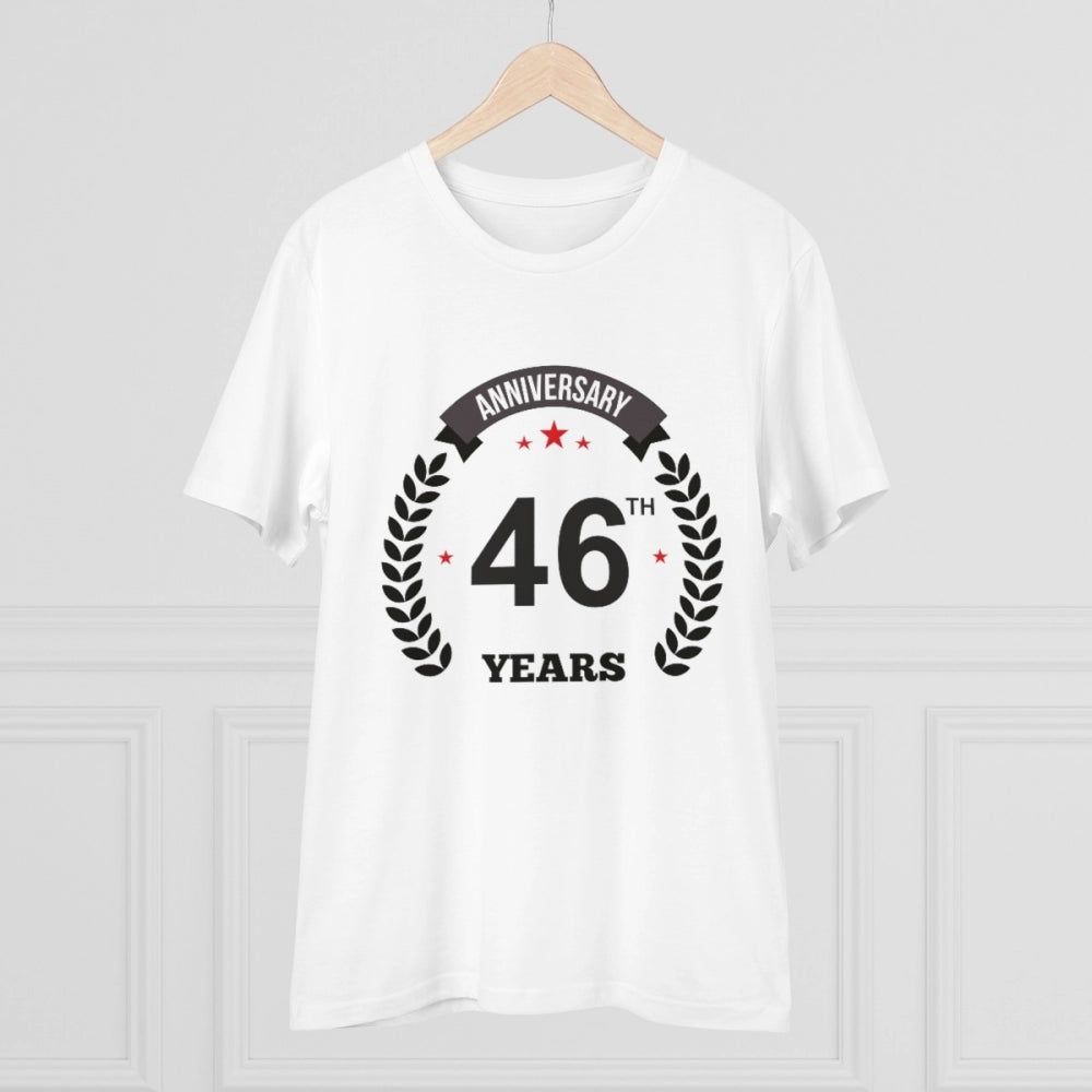 White PC Cotton 46th Anniversary printed men's T-shirt with half sleeves and round neck, features high-quality 180GSM thread count