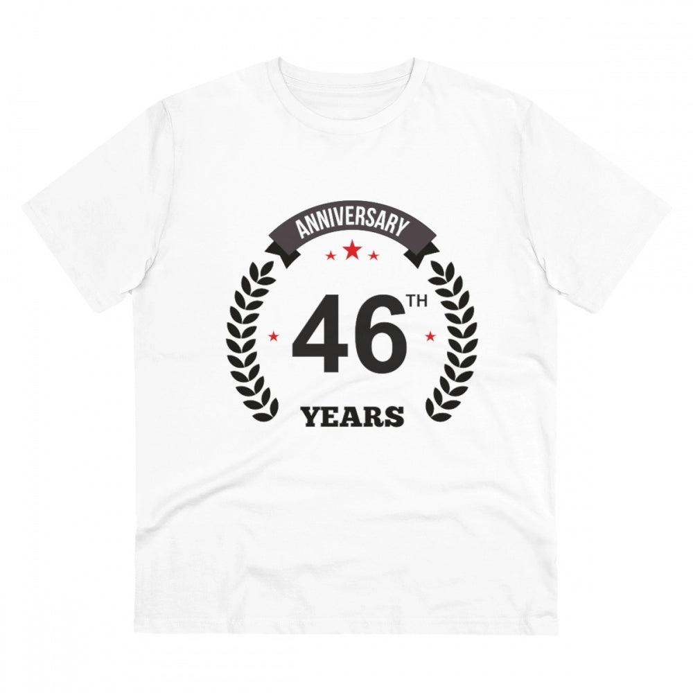 White PC Cotton 46th Anniversary Printed T-Shirt (180GSM), half sleeve round neck for casual occasions
