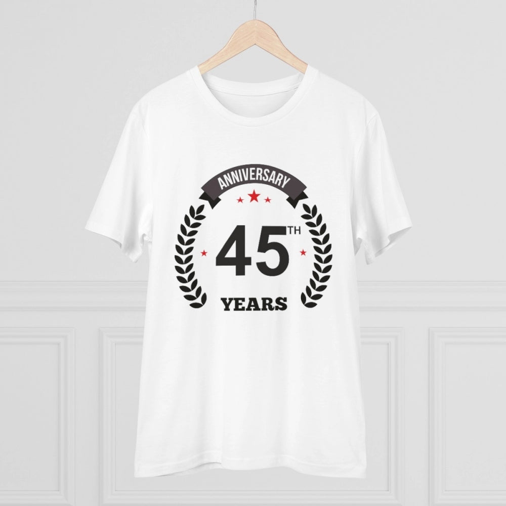 White PC Cotton 45th Anniversary printed men's T-shirt with half sleeves and round neck, celebrating a special occasion