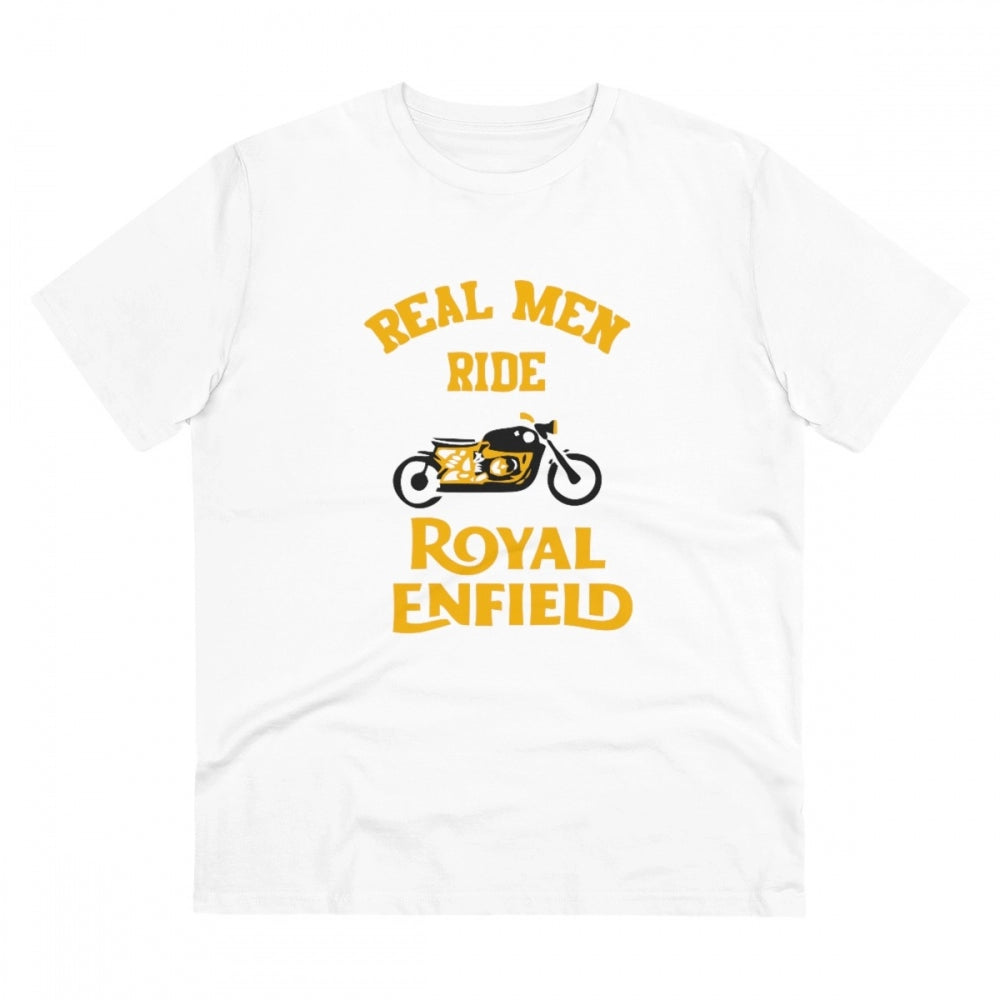 White PC Cotton Men's Bike Ride Design Printed Half Sleeve T-Shirt (180GSM), casual wear on model
