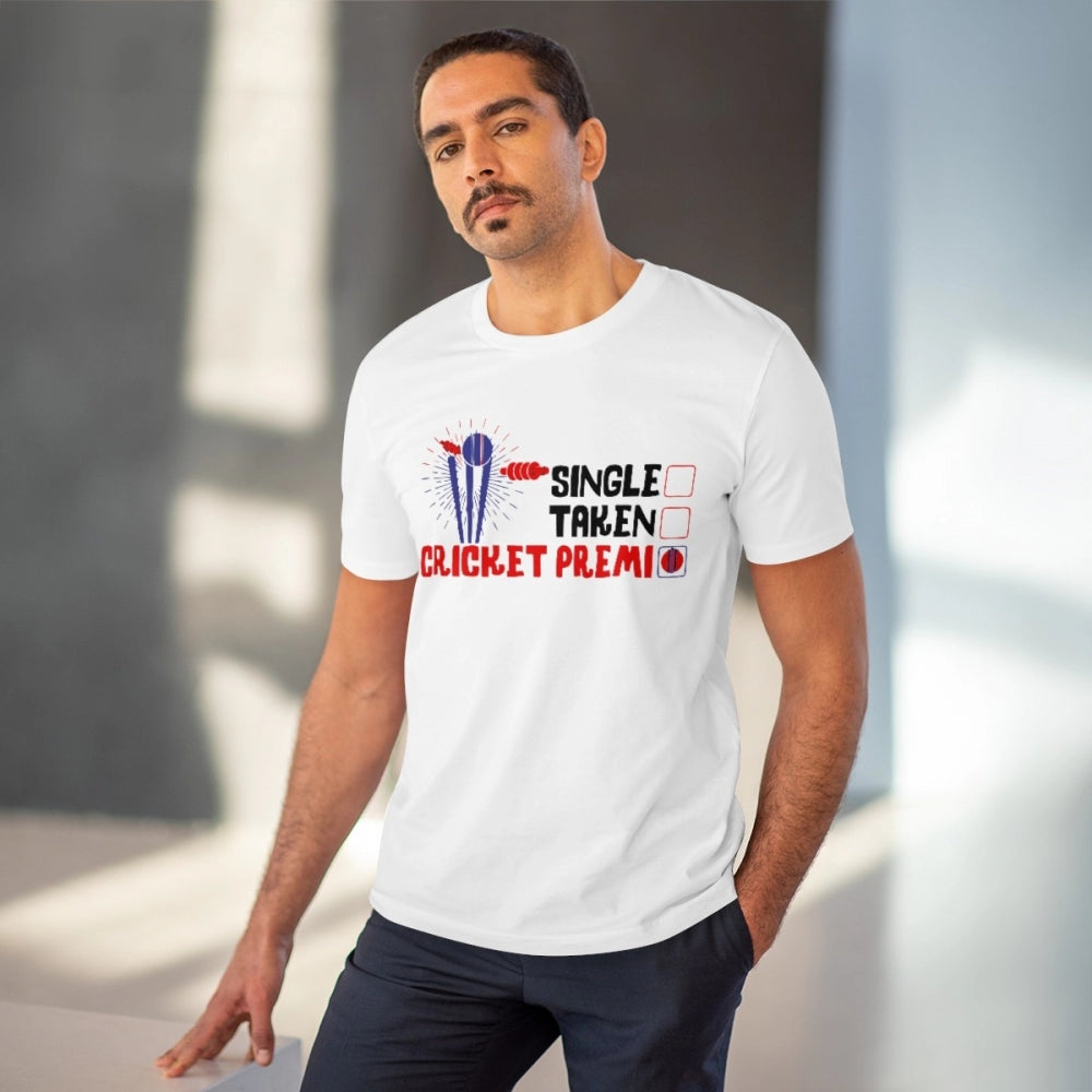 White PC Cotton Men's Cricket Design Half-Sleeve T-Shirt, 180GSM thread count for casual wear