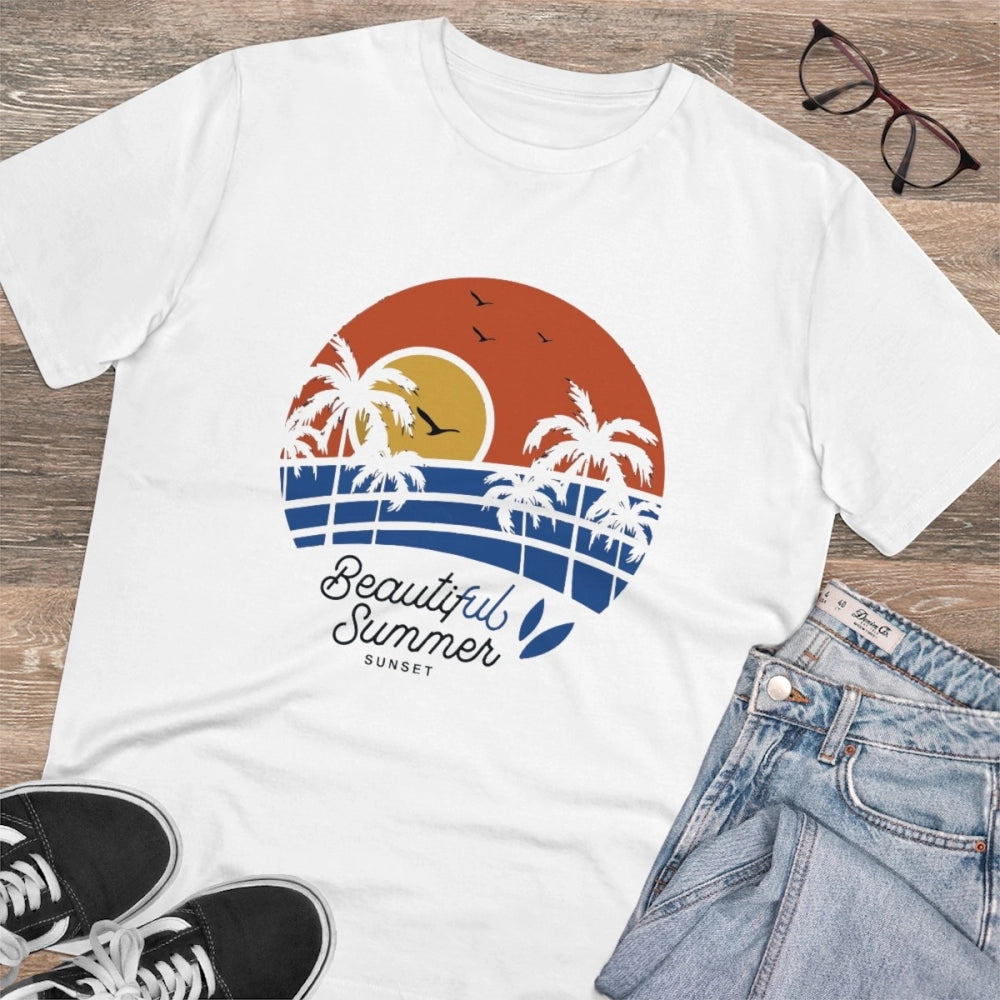 White PC Cotton Men's Beautiful Summer Printed Half Sleeve T-Shirt (180GSM), casual wear on model outdoors