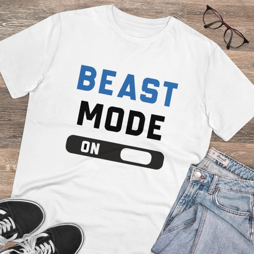 White PC Cotton Men's T-shirt featuring Beast Mode design, half sleeve and round neck, high quality 180GSM fabric for casual wear