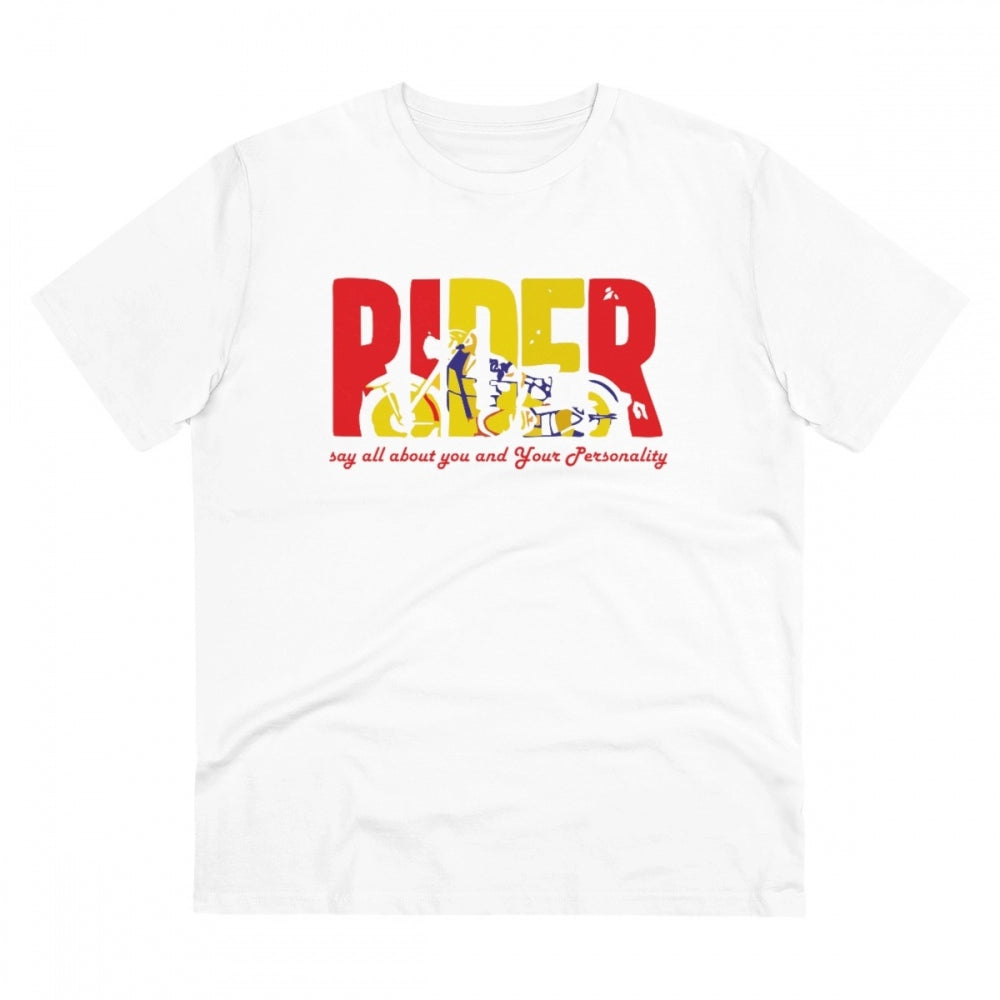 White PC Cotton Men's Bike Ride Design T-shirt with half sleeves and round neck, casual occasion