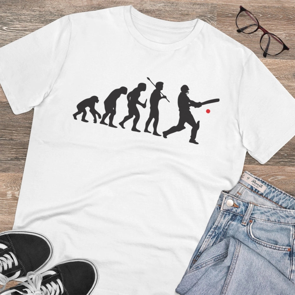White PC cotton men's cricket design printed half-sleeve t-shirt (180GSM), casual wear on mannequin