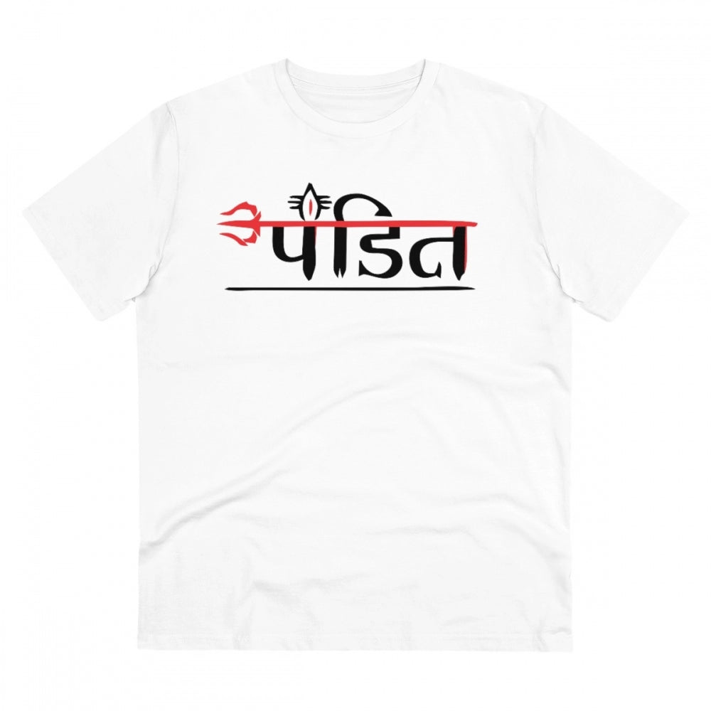 White PC Cotton Pandit Printed Men's T-Shirt (180GSM), half sleeve round neck casual tee