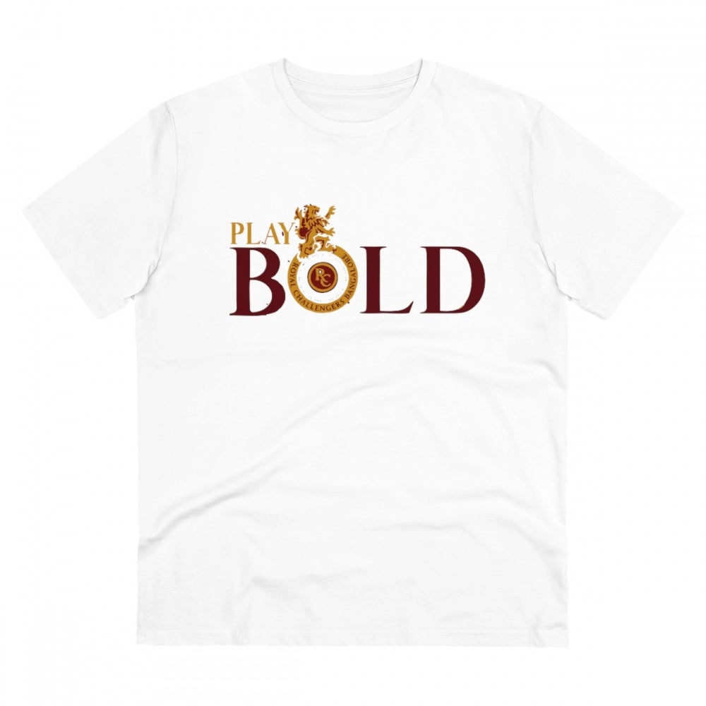 White PC cotton men's cricket design printed half sleeve t-shirt, casual wear with round neck