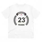 White PC Cotton 23rd Anniversary Printed Men's T-Shirt with half sleeves, round neck on display