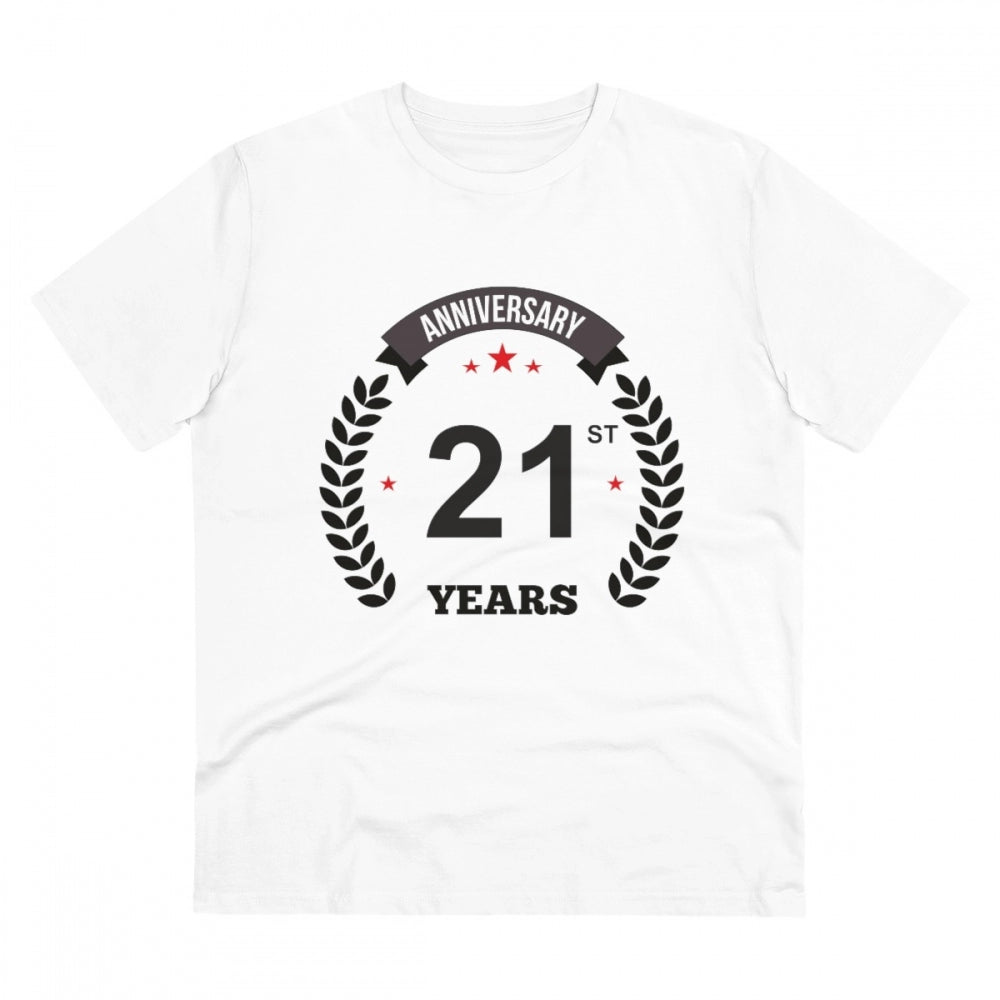 White PC Cotton 21st Anniversary Printed Men's T-Shirt (Thread Count: 180GSM), half sleeve, round neck on casual occasion