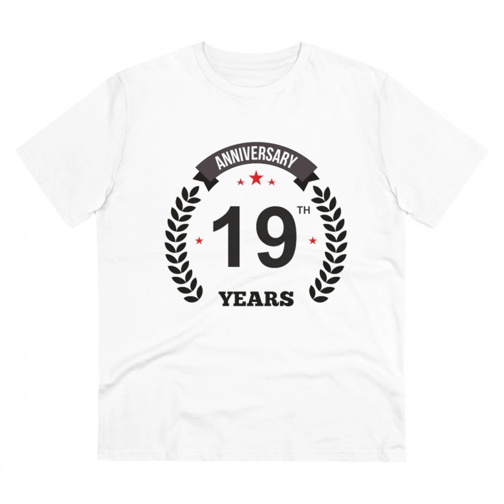 White PC Cotton 19th Anniversary Printed T-Shirt (Half Sleeve, Round Neck) for Men's Casual Wear