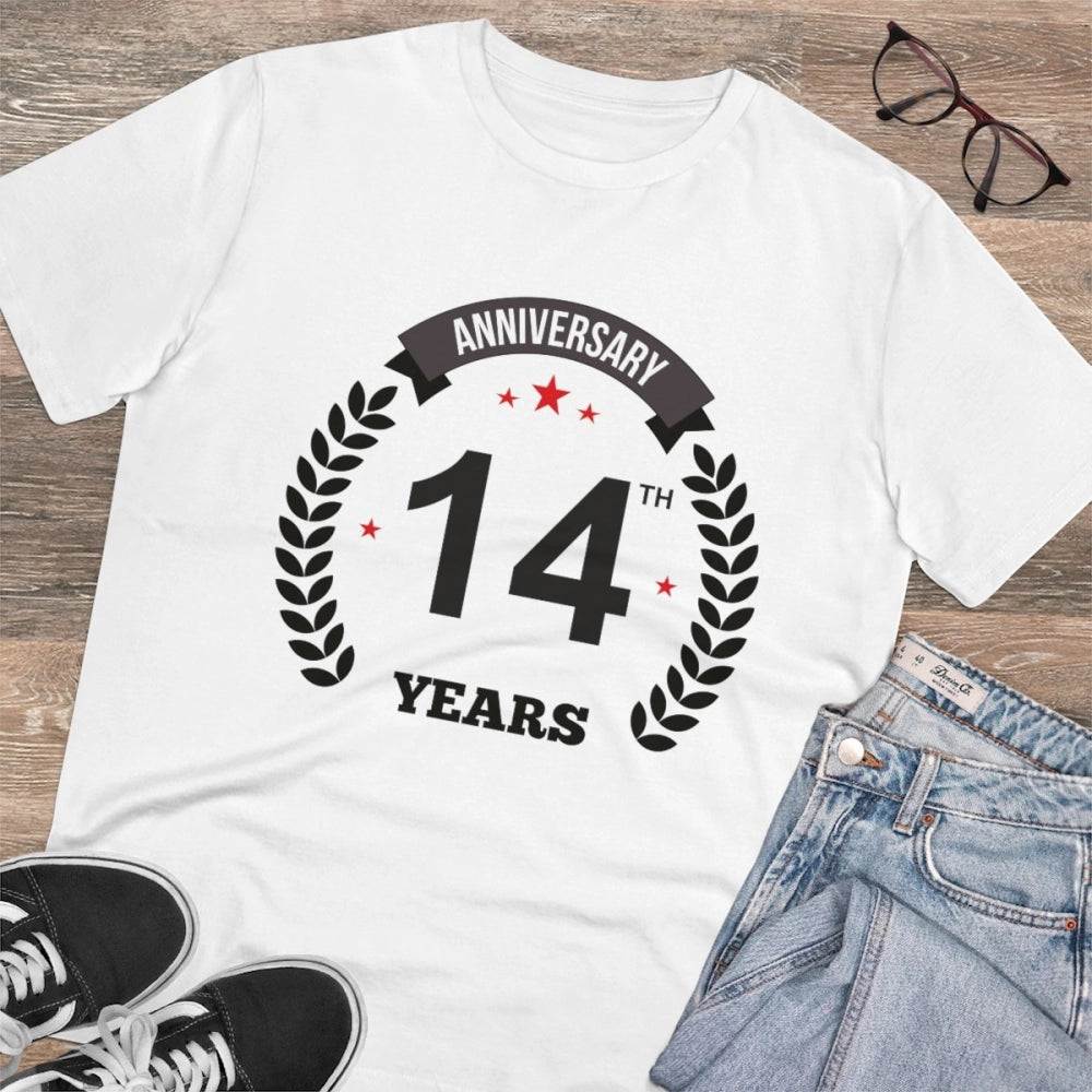 White PC Cotton 14th Anniversary Printed Men's T-Shirt (Half Sleeve, Round Neck)