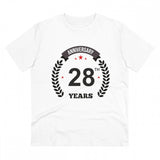 White PC Cotton Men's 28th Anniversary Printed T-Shirt (180GSM), half sleeve, round neck on display stand