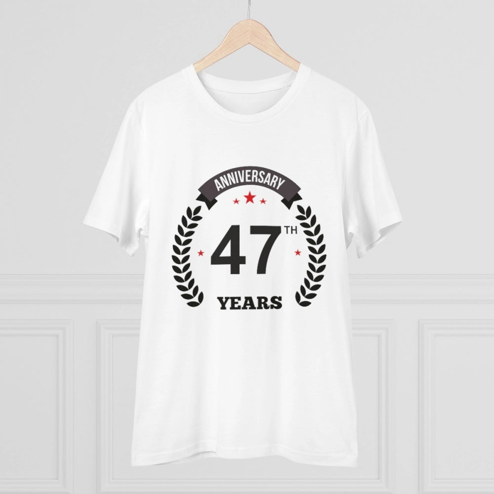 White PC Cotton 47th Anniversary Printed T-Shirt (Half Sleeve, Round Neck), 180GSM thread count for men's casual wear