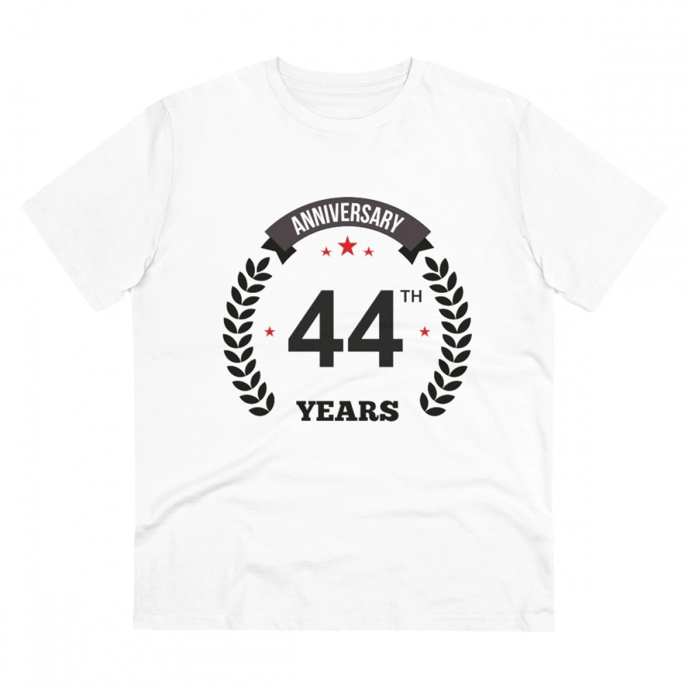 Men's white 180GSM PC cotton 44th anniversary printed half sleeve round neck T-shirt for casual occasions